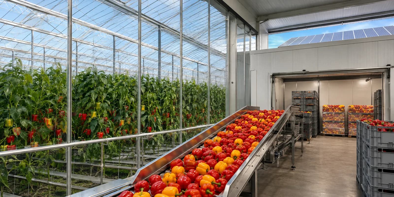 Abundant greenhouse peppers moving directly into grading and cold storage in an attached packhouse
