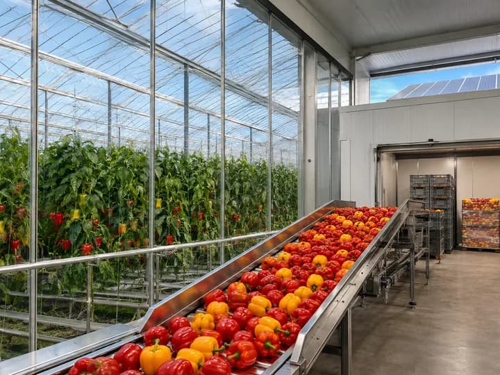 Abundant greenhouse peppers moving directly into grading and cold storage in an attached packhouse