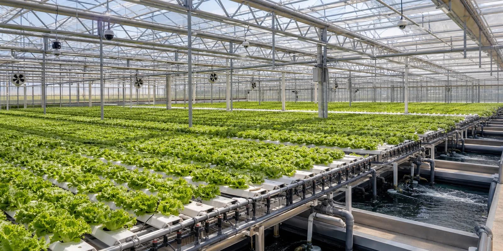 Abundant hydroponic leafy greens and recirculating water systems inside a large multi-span glasshouse