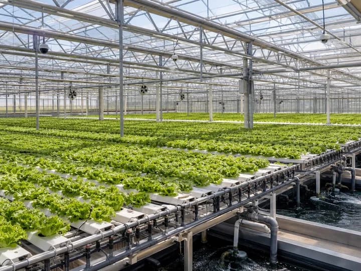 Abundant hydroponic leafy greens and recirculating water systems inside a large multi-span glasshouse