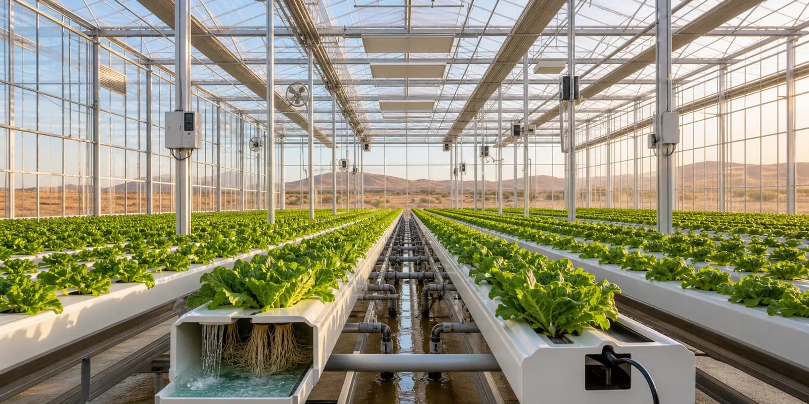 Soil-free hydroponic leafy greens growing in recirculating channels inside a high-tech African glasshouse