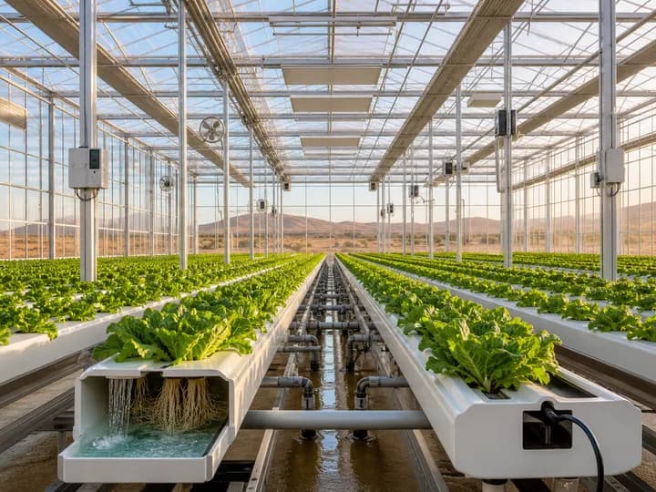 Soil-free hydroponic leafy greens growing in recirculating channels inside a high-tech African glasshouse