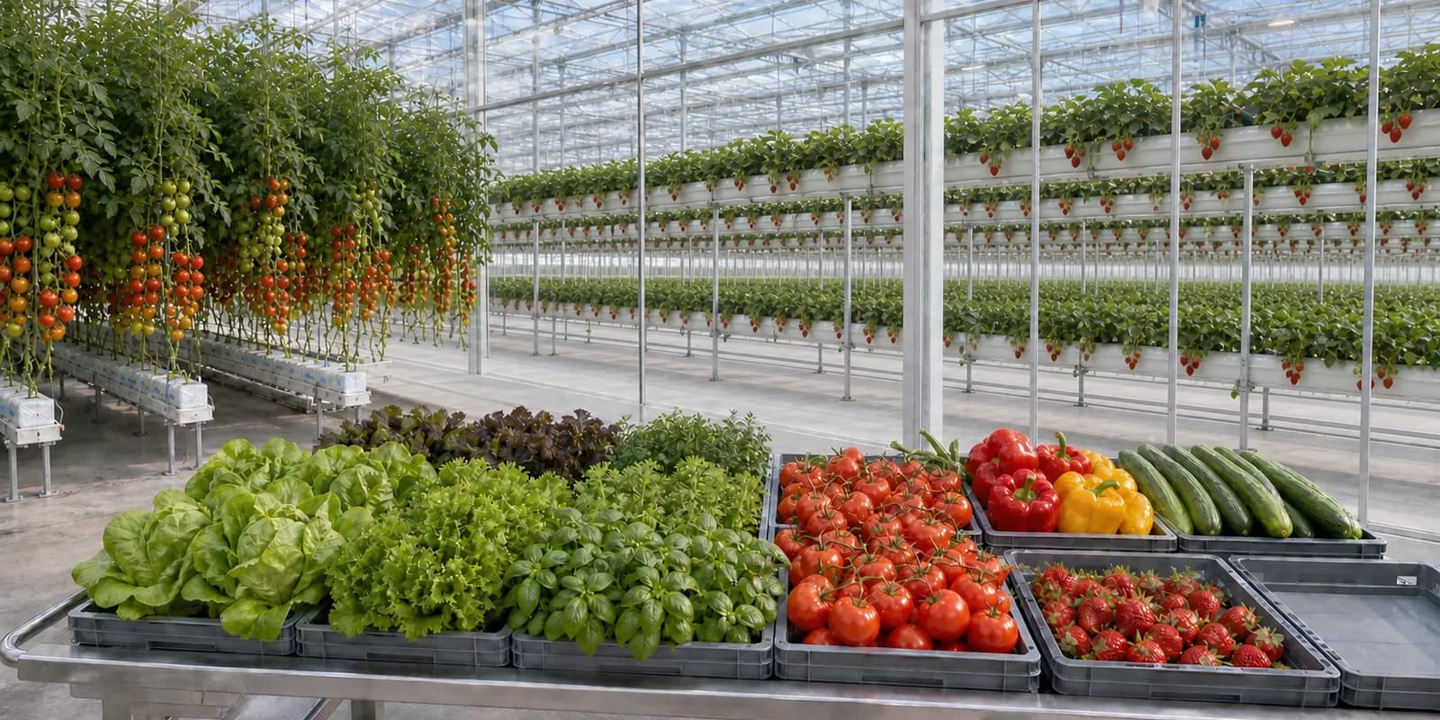 Fresh hydroponic produce beside tall tomato vines and elevated commercial strawberry gutters inside a high-tech glasshouse