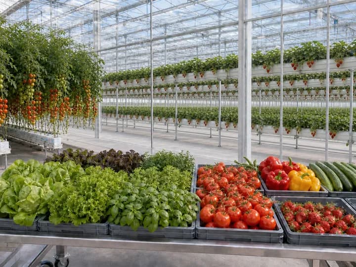 Fresh hydroponic produce beside tall tomato vines and elevated commercial strawberry gutters inside a high-tech glasshouse