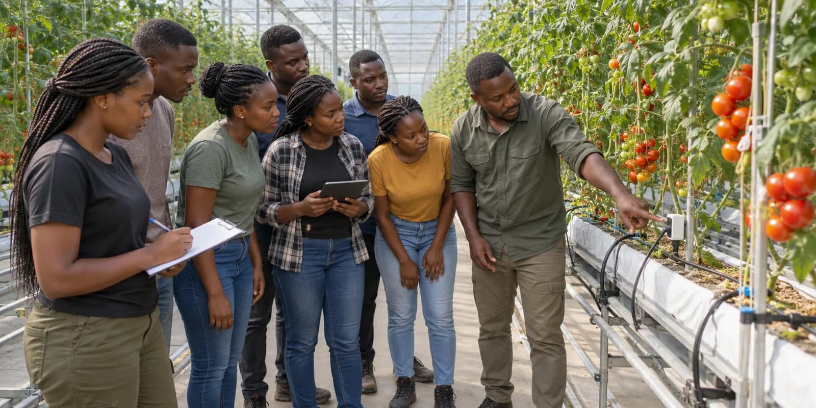 African agricultural students receiving practical crop-system training inside a high-tech glasshouse