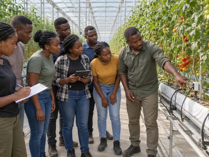 African agricultural students receiving practical crop-system training inside a high-tech glasshouse