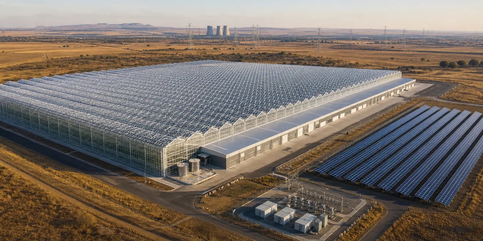 Large multi-span glasshouse and attached packhouse powered by a utility-scale solar array and battery storage