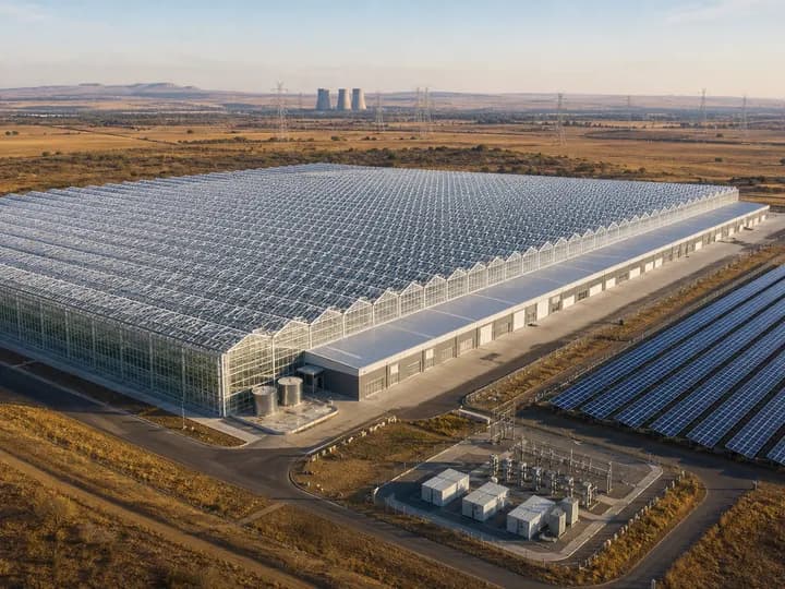 Large multi-span glasshouse and attached packhouse powered by a utility-scale solar array and battery storage