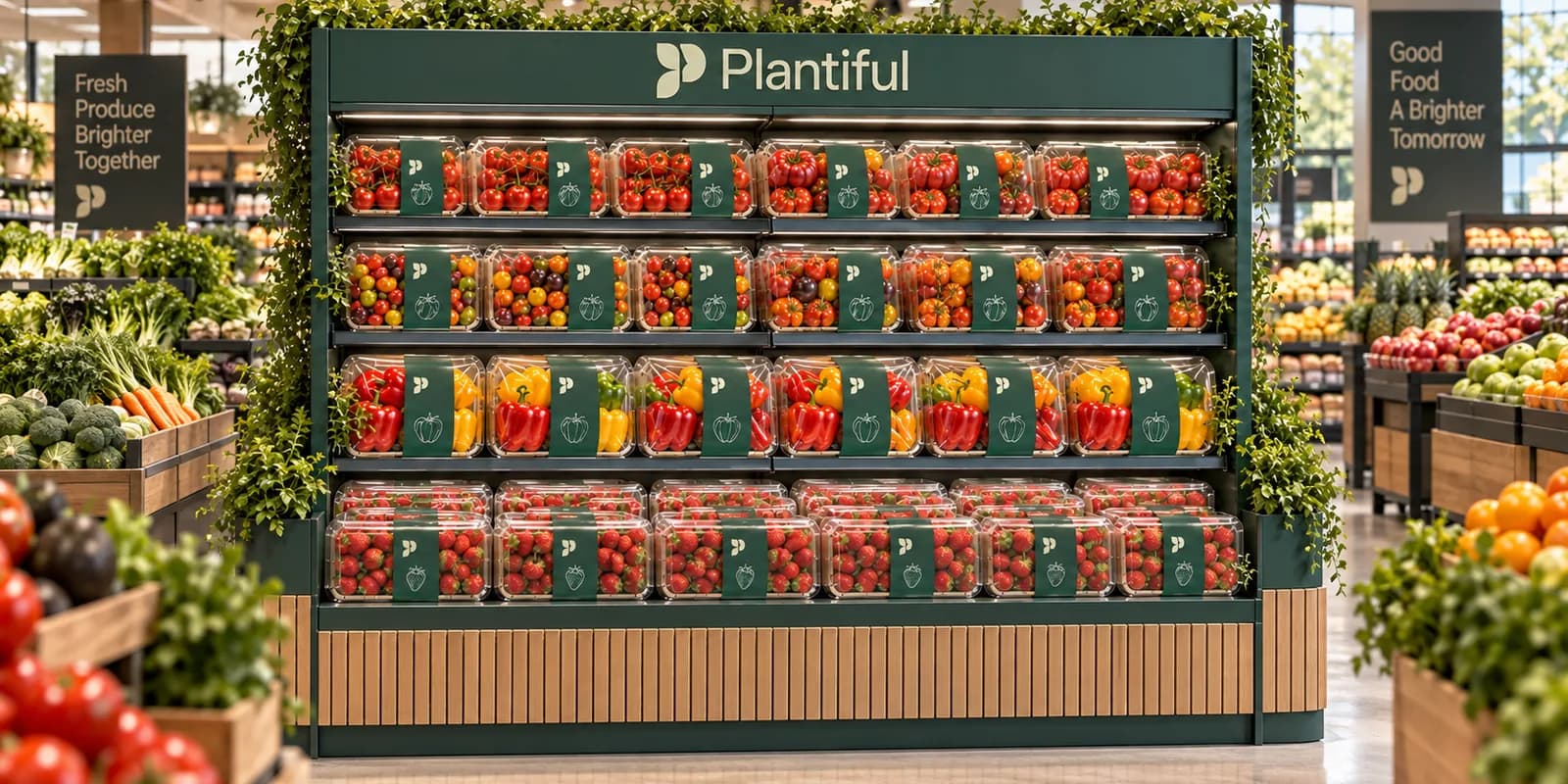Plantiful-branded fresh-produce merchandising bay in a modern food retail store