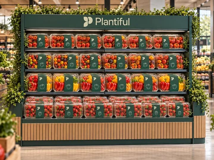 Plantiful-branded fresh-produce merchandising bay in a modern food retail store