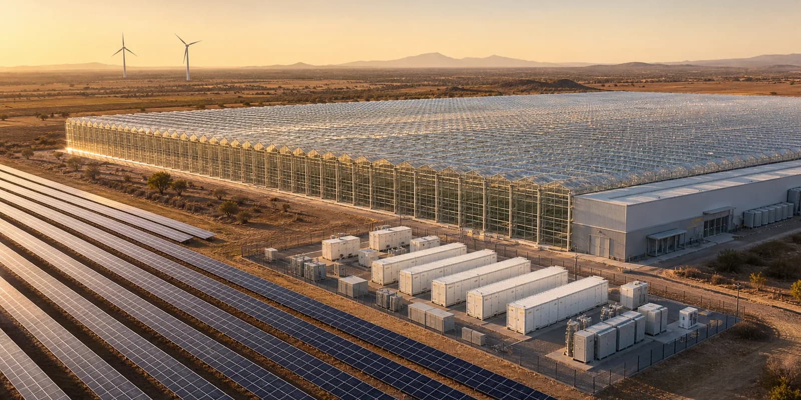 Utility-scale solar array, battery storage and wind turbines powering an enormous commercial glasshouse with attached packhouse