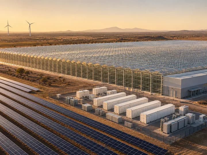 Utility-scale solar array, battery storage and wind turbines powering an enormous commercial glasshouse with attached packhouse