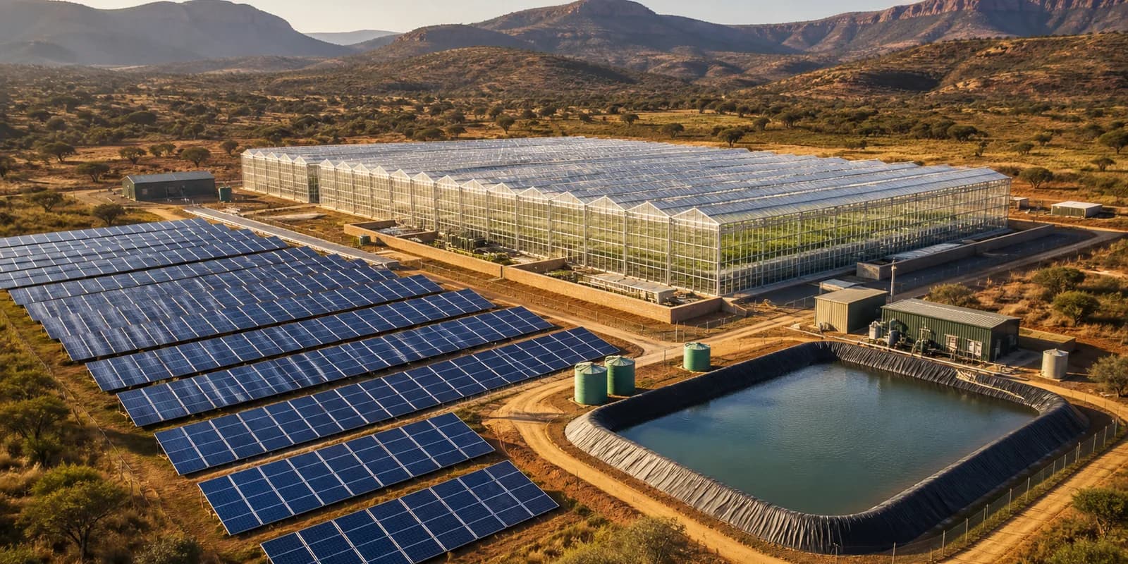 Solar-powered high-tech glasshouse farm with photovoltaic panels and water storage in an African dryland landscape
