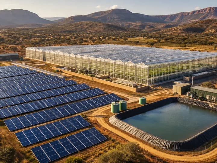 Solar-powered high-tech glasshouse farm with photovoltaic panels and water storage in an African dryland landscape