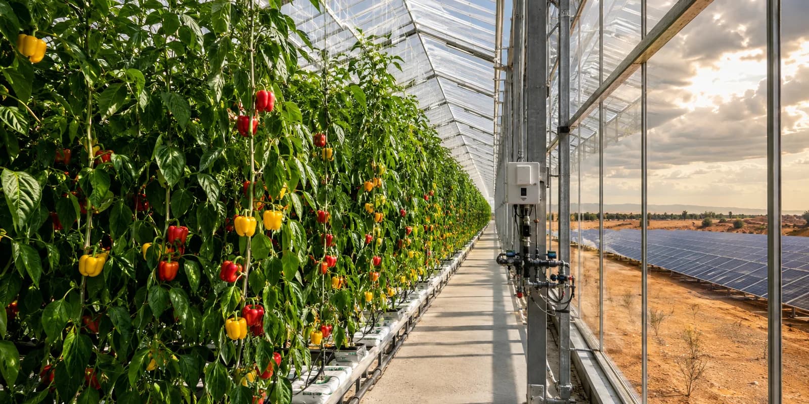 Mature high-wire peppers thriving inside a climate-controlled glasshouse beside a full-scale solar array