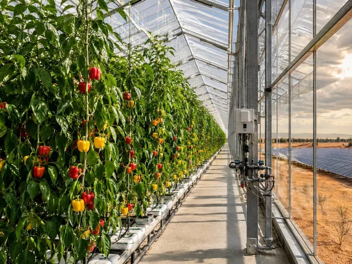 Mature high-wire peppers thriving inside a climate-controlled glasshouse beside a full-scale solar array