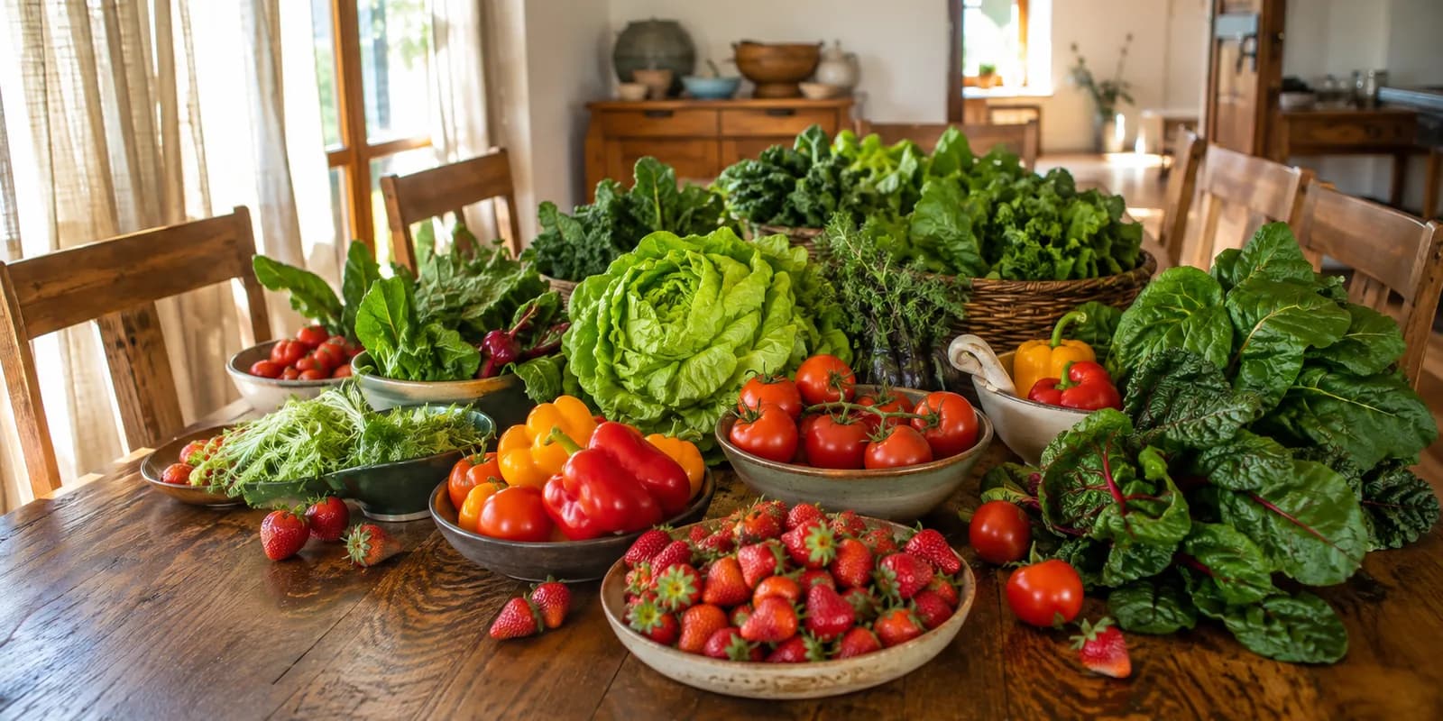 An abundant household table filled with fresh tomatoes, peppers, strawberries and leafy greens
