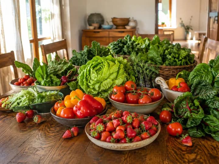 An abundant household table filled with fresh tomatoes, peppers, strawberries and leafy greens