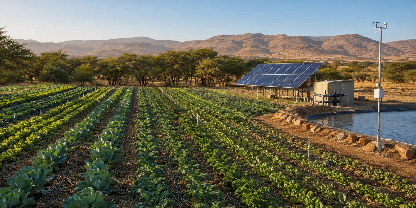 Climate-smart dryland vegetable farm using drip irrigation, windbreaks, solar power and managed water storage