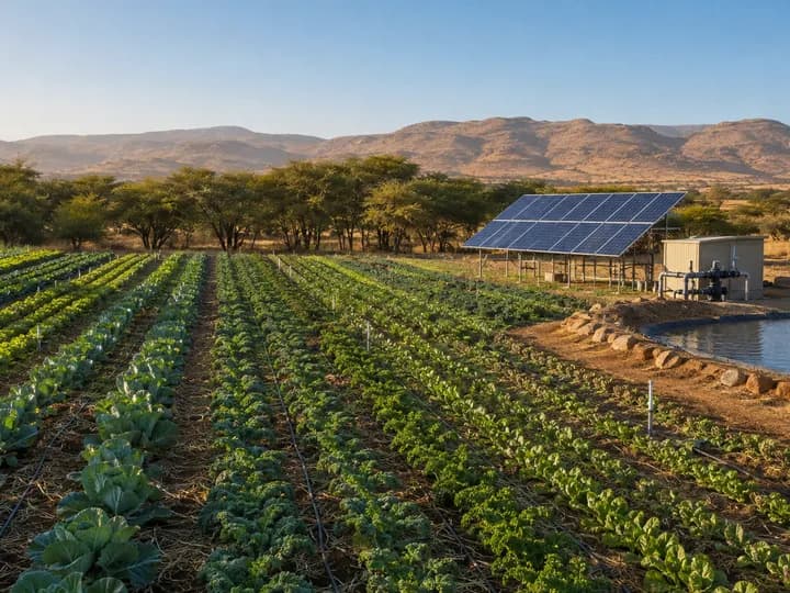 Climate-smart dryland vegetable farm using drip irrigation, windbreaks, solar power and managed water storage