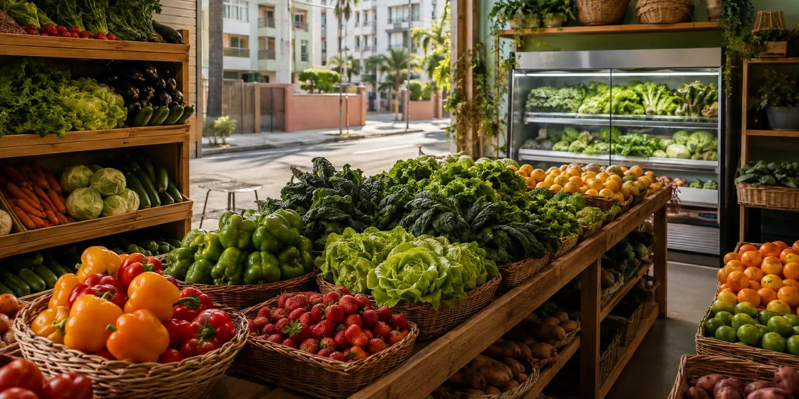 A well-stocked neighbourhood produce shop offering abundant fresh vegetables and fruit in a residential area
