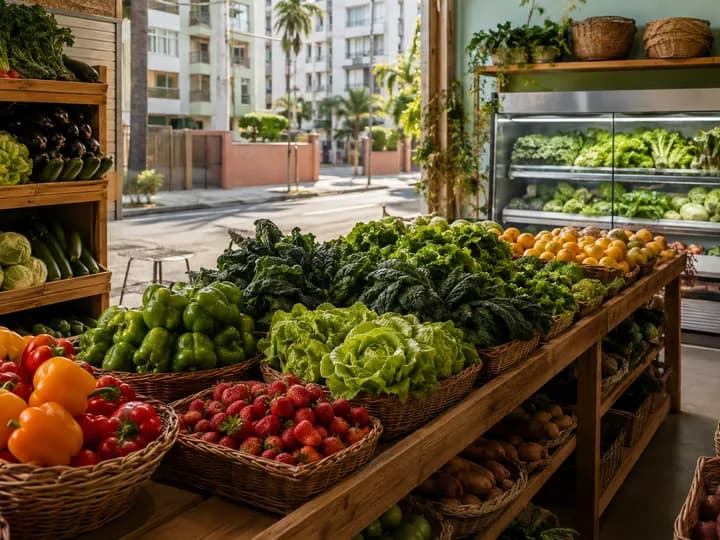 A well-stocked neighbourhood produce shop offering abundant fresh vegetables and fruit in a residential area