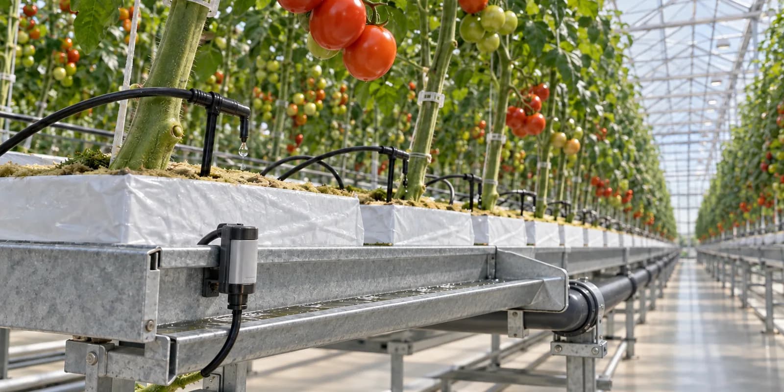Mature hydroponic tomatoes with precision drip irrigation, a drainage return gutter and root-zone sensor