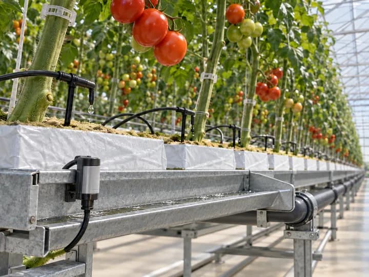 Mature hydroponic tomatoes with precision drip irrigation, a drainage return gutter and root-zone sensor