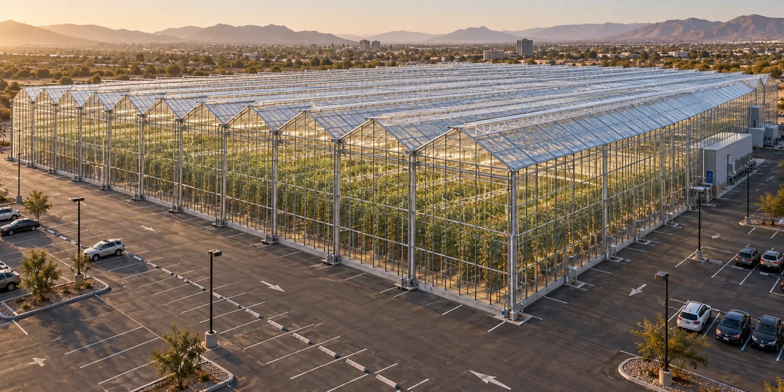 An enormous high-tech Dutch multispan glasshouse built across a paved urban parking lot