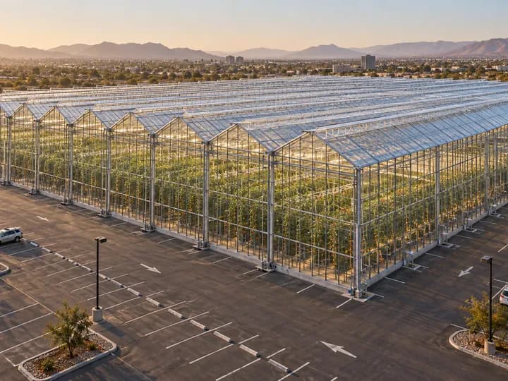 An enormous high-tech Dutch multispan glasshouse built across a paved urban parking lot
