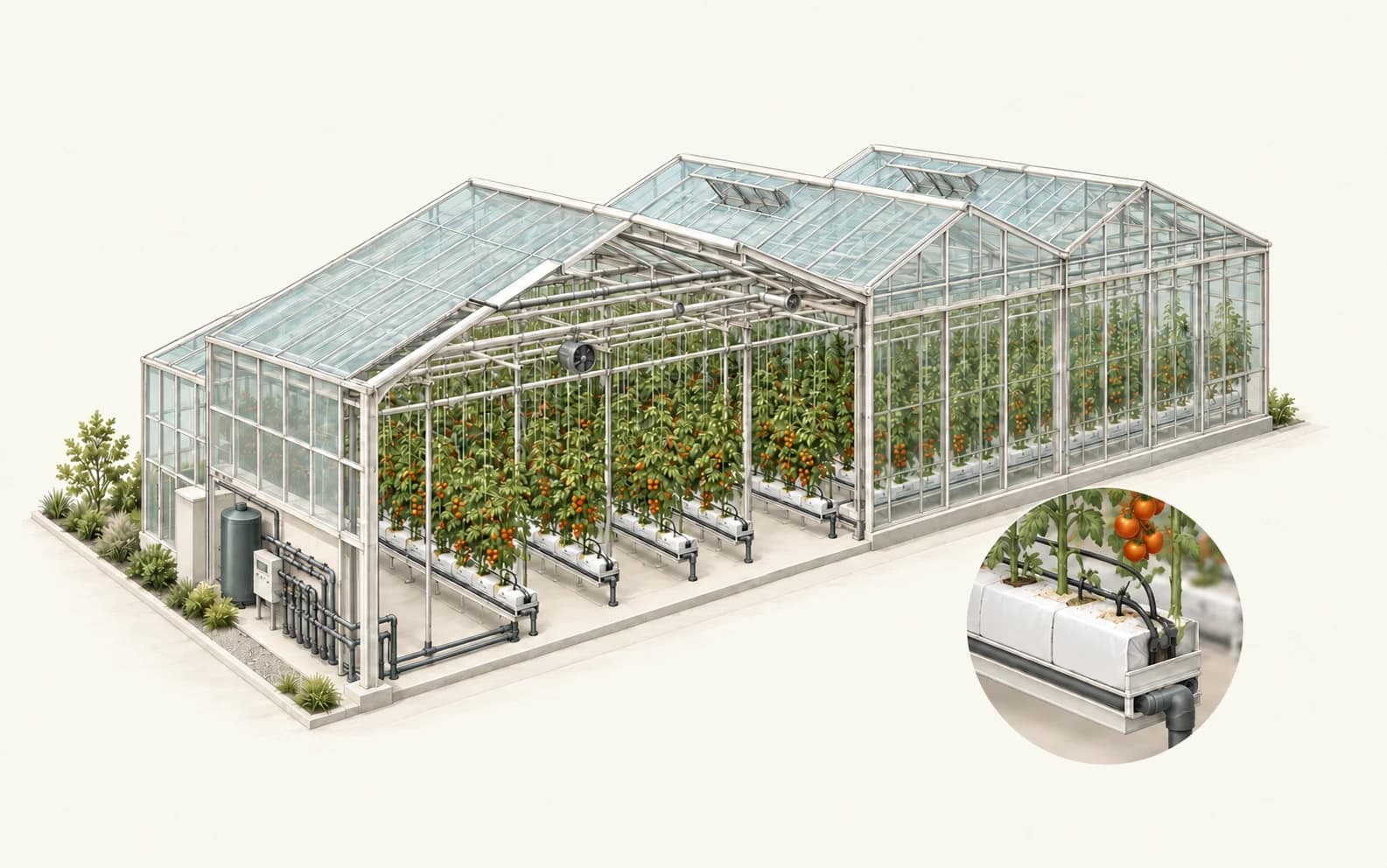 Greenhouse cutaway showing glazing and ventilation above trellised tomato plants, with substrate bags on raised collection gutters. A magnified root-zone detail shows irrigation tubes, growing media and the contained drainage return.