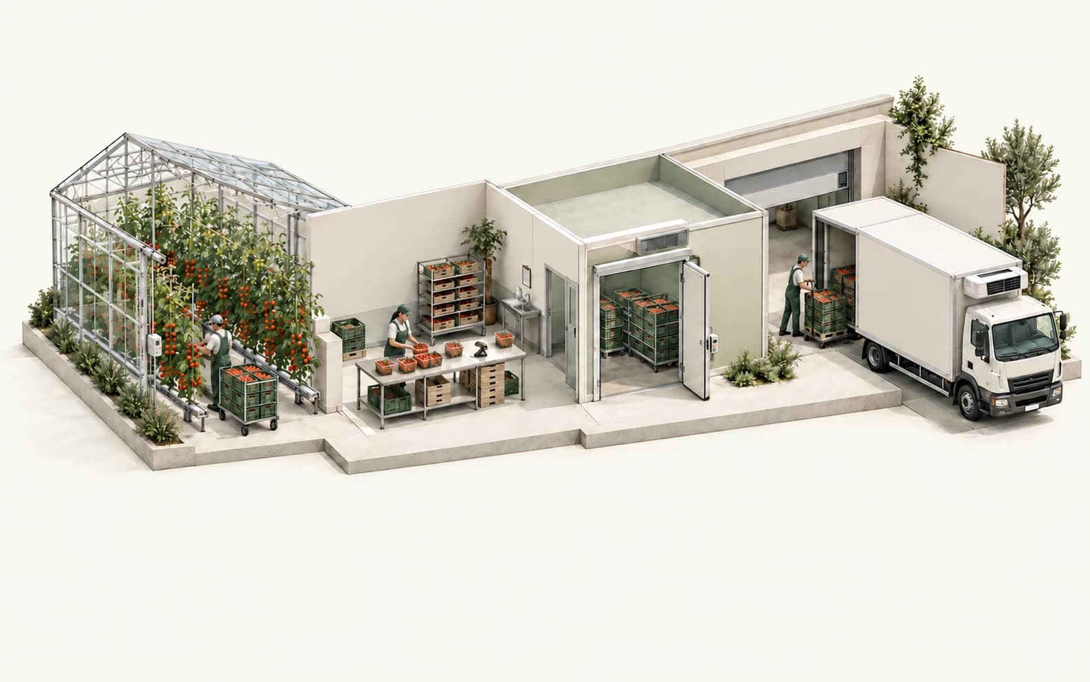 Connected greenhouse, packing bench, insulated cold room and refrigerated delivery truck. The same tomato harvest moves from growing rows through packing, cooling and dispatch.