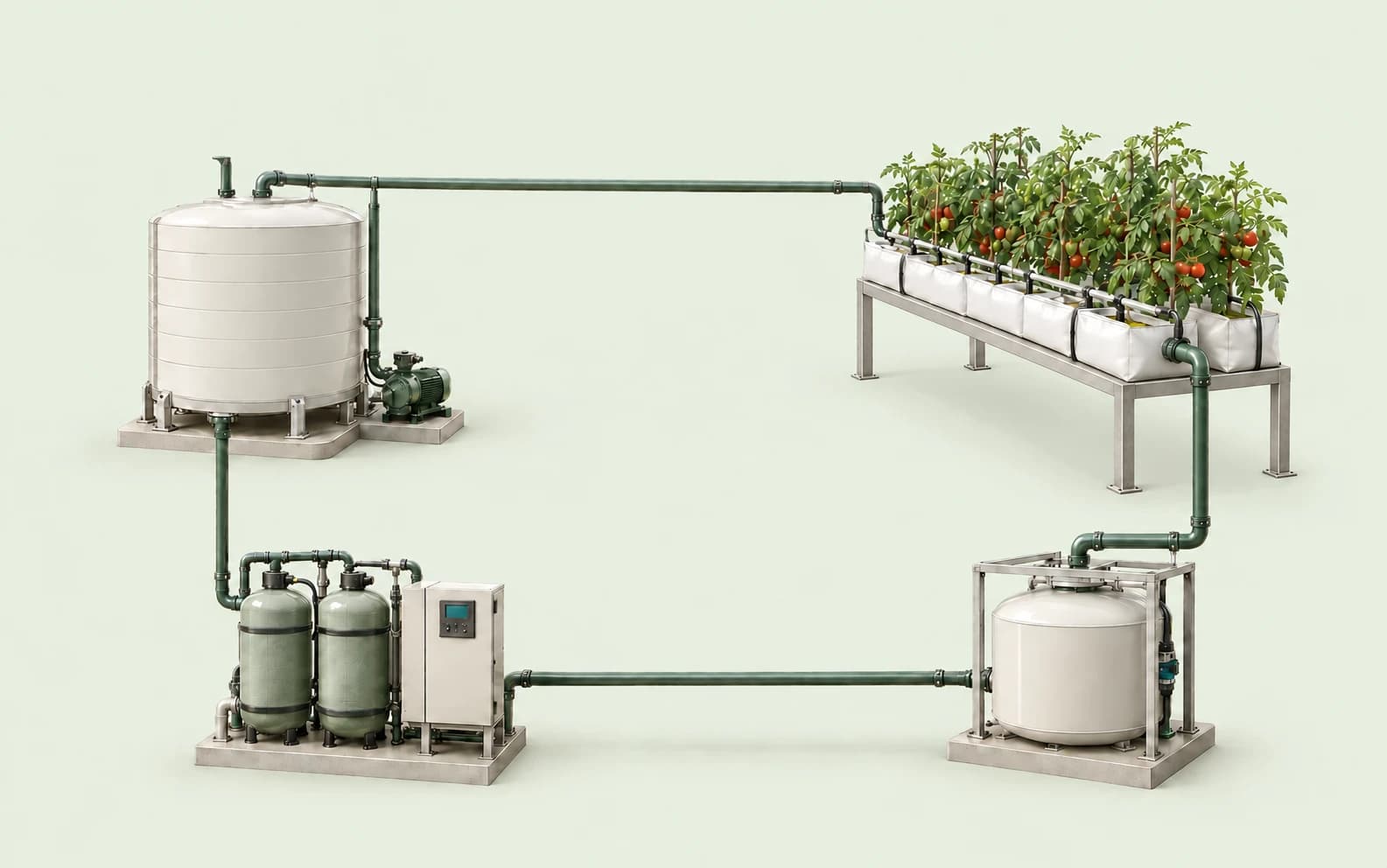 The contained irrigation cycle: storage supplies the crop; unused irrigation flows into a sealed collection vessel, through treatment and back to storage. All pipes connect to equipment, with no outlet to the ground.